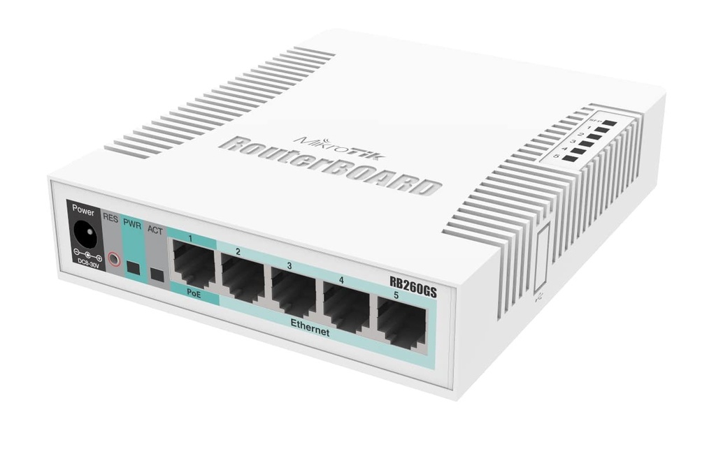 [CSS106-5G-1S] MikroTik RB260GS - Conmutador - Gestionado - 1 x 10/100/1000 (PoE) + 4 x 10/100/1000 + 1 x SFP - sobremesa