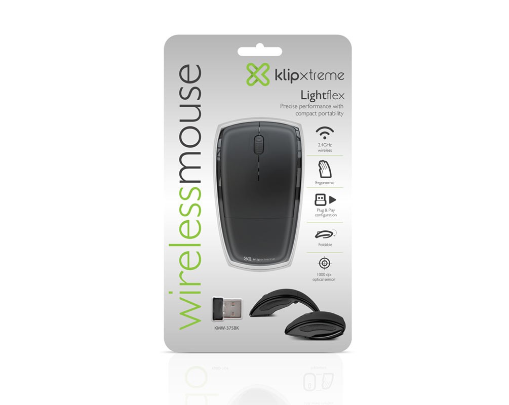[KMW-375BK] Klip Xtreme Lightflex KMW-375 - Ratón - ergonómico - óptico - 3 botones - inalámbrico - 2.4 GHz