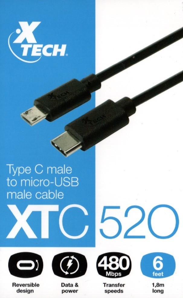 [XTC-520] Xtech XTC-520 - Cable USB - 24 pin USB-C (M) reversible a Micro-USB tipo B (M) - USB 2.0 - 1.8 m - negro