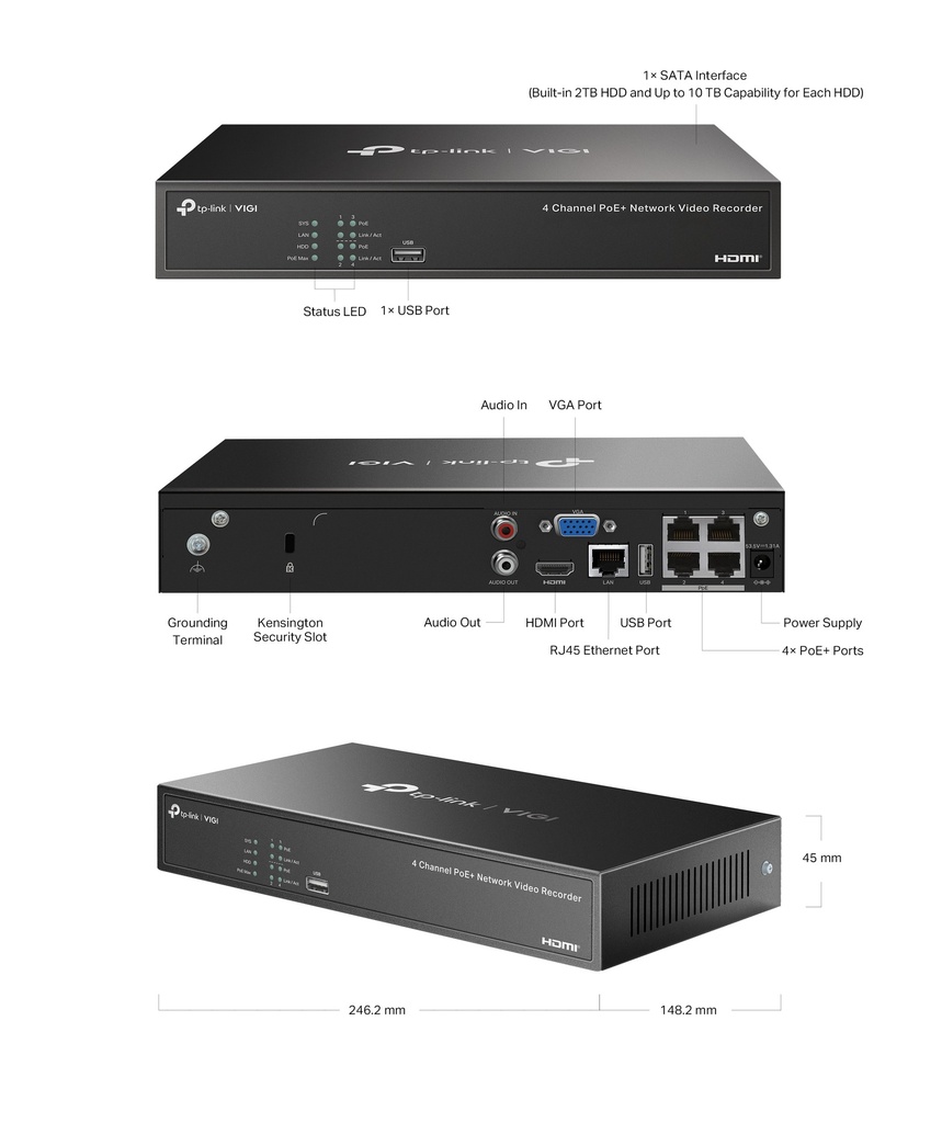[VIGINVR1004H-4P] GRABADORA/TPLINK VIGI NVR1004H-4P/4 CANALES POE /H.265 PLUS /ONVIF/SOPORTA 1 DISCO HASTA 10TB