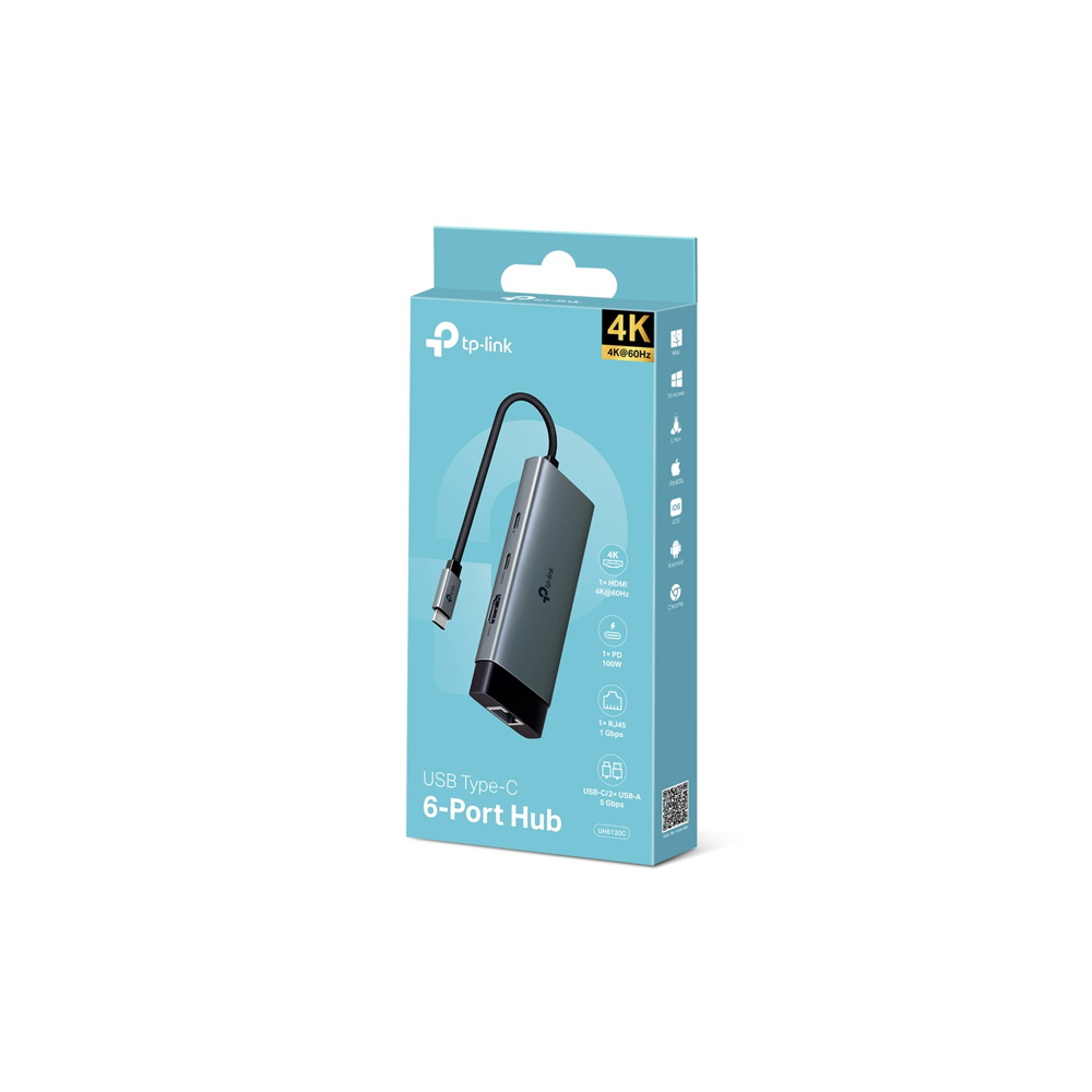 CONVERTIDOR/TPLINK HUB UH6120 USB TIPO C /6 EN 1/ USB TIPO A X2 / USB TIPO C X2/ HDMI / RJ45