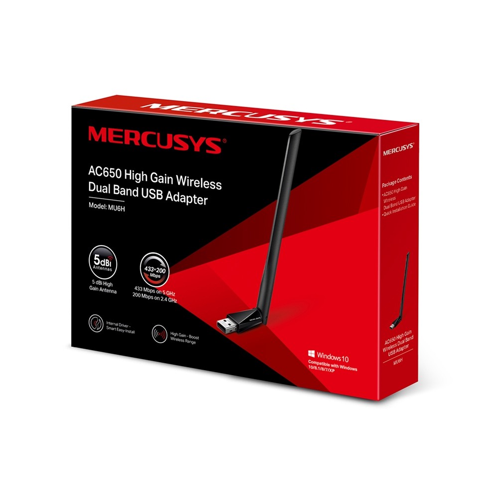 [ADAMERMU6H] ADAPTADOR USB MERCUSYS INHALAMBRICO DUAL BAND HIGH GAIN AC650