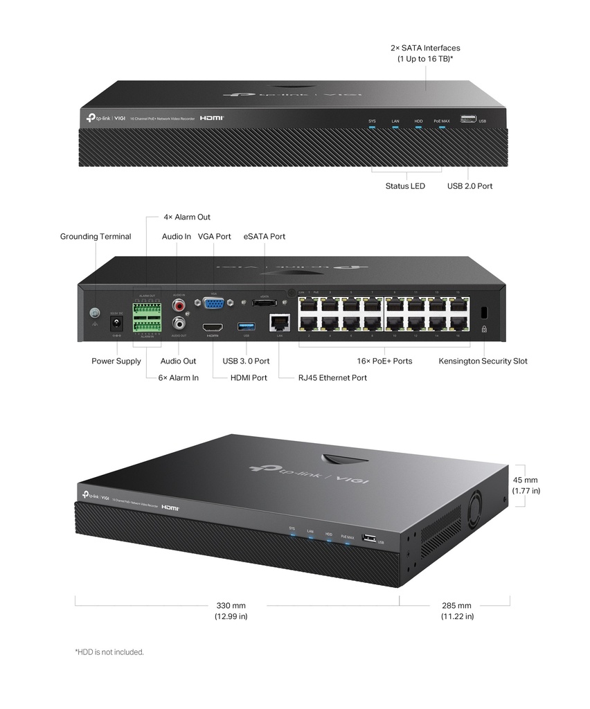 [NVRTPLVIGI2016H] GRABADOR DE VIDEO TP-LINK VIGI NVR-2016H 16CHANNEL HDMI 4K NETWORK BLACK