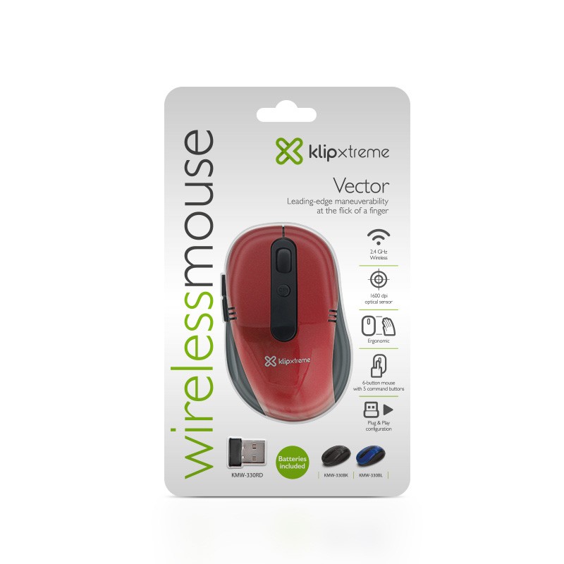 Klip Xtreme KMW-330 Vector - Ratón - ergonómico - óptico - 6 botones - inalámbrico - 2.4 GHz