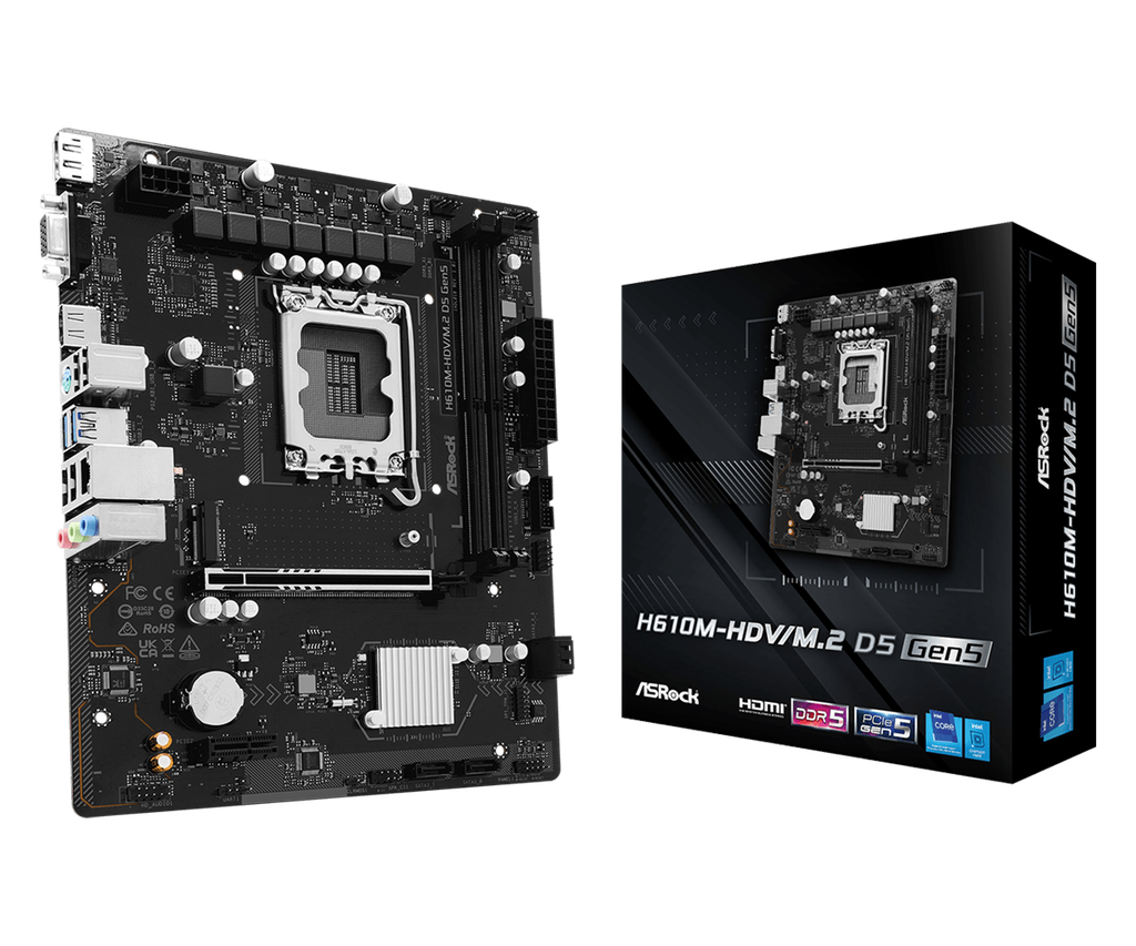 [MBOASRH610MHDD5] MBO ASROCK H610M-HDV D5 14VA 13VA 12VA. LGA1700 2DDR5 HDMI DP M.2 10USB PCIE MATX