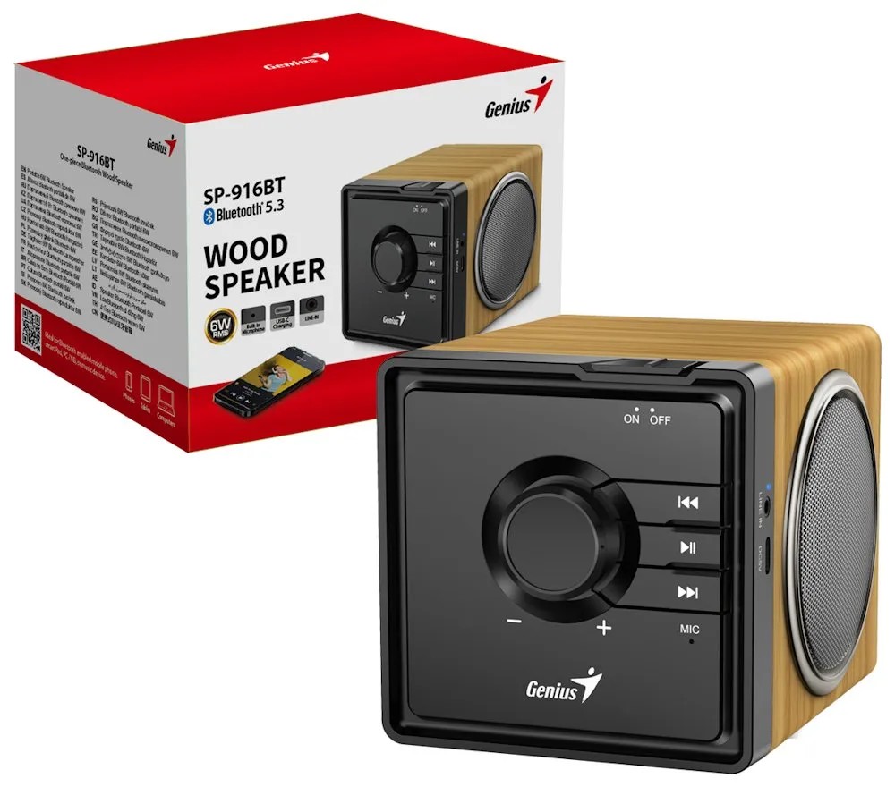 PARLANTE GENIUS/SP-916BT PORTABLE /POTENCIA 6W RMS /BLUETOOTH 5.3 /COLOR MADERA