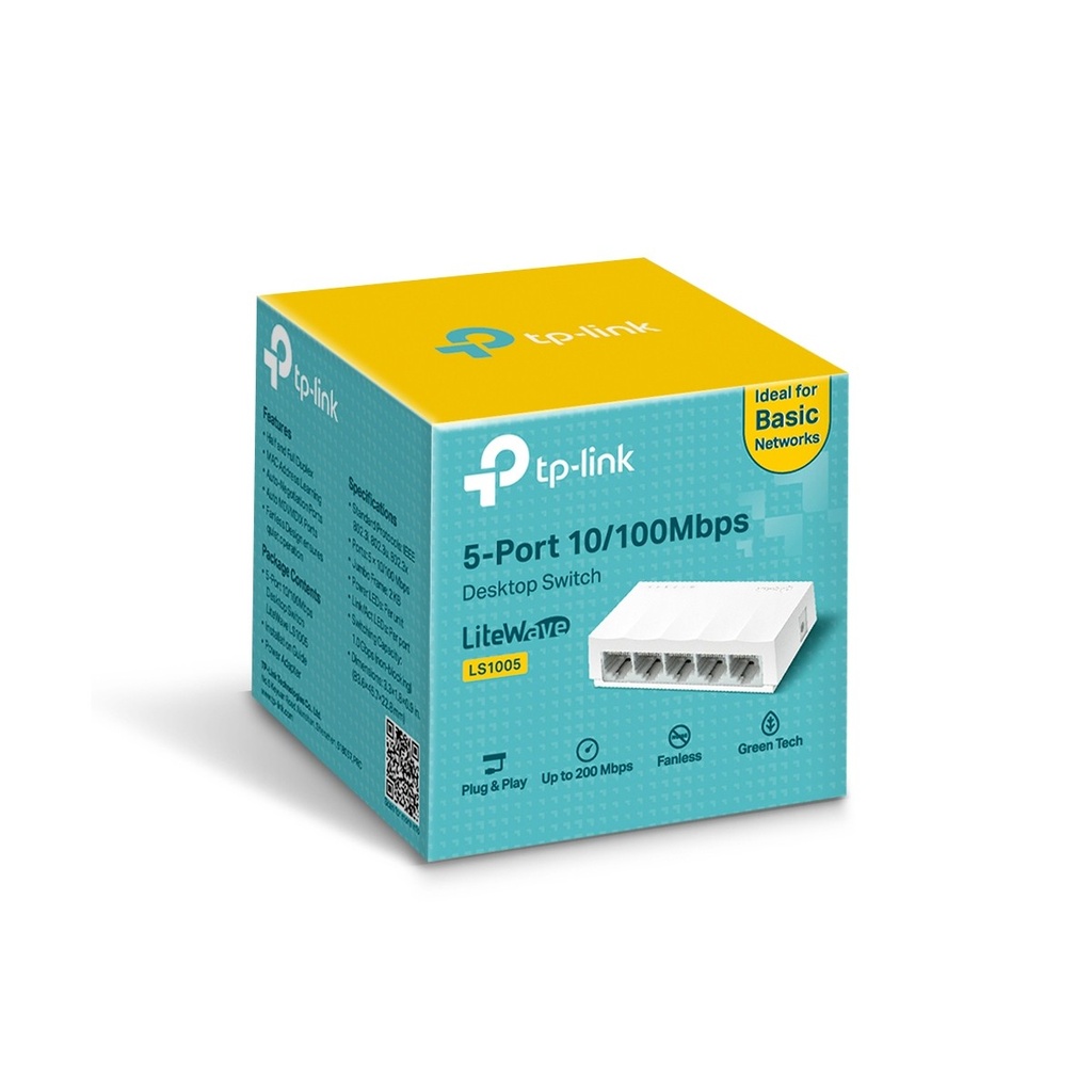 [LS1005] SWITCH TP-LINK LS1005 5 PUERTOS FAST ETERNET, CUBIERTA PLASTICA, DISEÑO ESCRITORIO, PLUG & PLAY